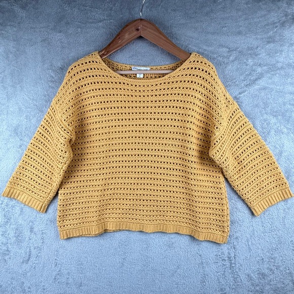 Coldwater Creek Open Knit Sweater Womens XL Cropped Mustard Yellow 3/4 Sleeve - Picture 1 of 10